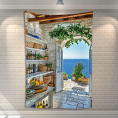 地中海风景海景厨房挂毯壁毯家居装 饰卧室背景布挂布画餐厅背景墙