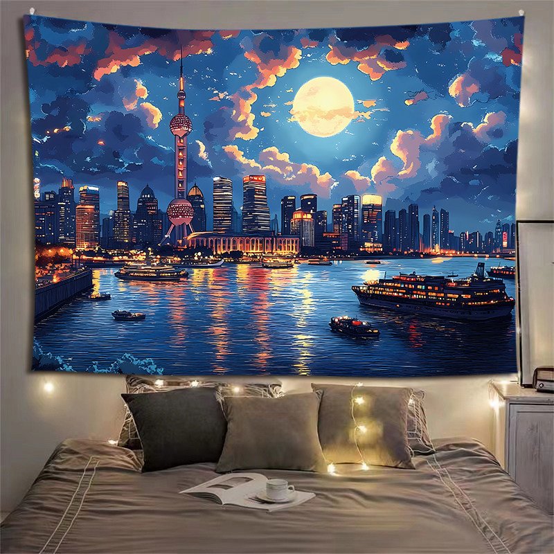 城市上海夜景挂毯卧室装饰壁毯月亮高楼风景挂布房间布置背景布,居家布艺,挂毯/壁毯,淘宝优惠券,粉丝福利购,淘宝优惠卷