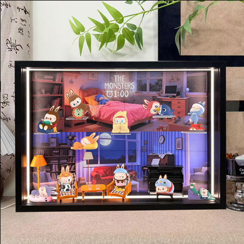 拉布布凌晨一点带灯展示盒场景收纳可壁挂相框盲盒收纳展示