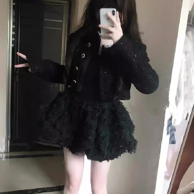 法式富家千金香风套装新款外套花苞短款蓬蓬连衣裙收腰秋季两件套