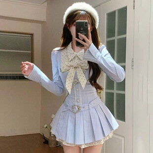 春秋韩系甜美显瘦修身设计感长袖连衣裙新款学院风小清新百褶短裙