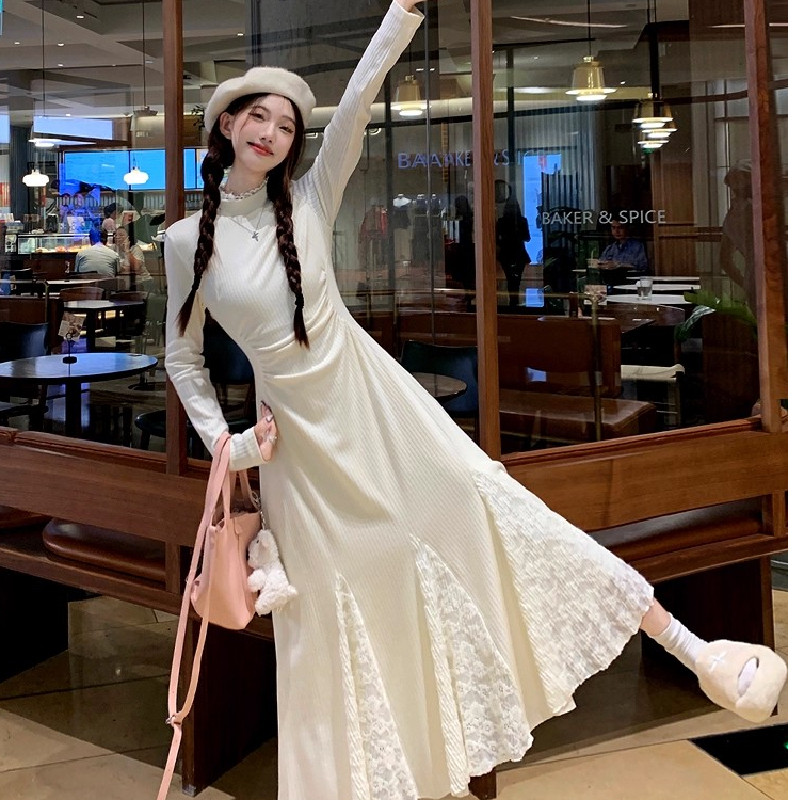 小个子针织连衣裙春秋款长袖蕾丝拼接鱼尾裙收腰半高领内搭毛衣裙