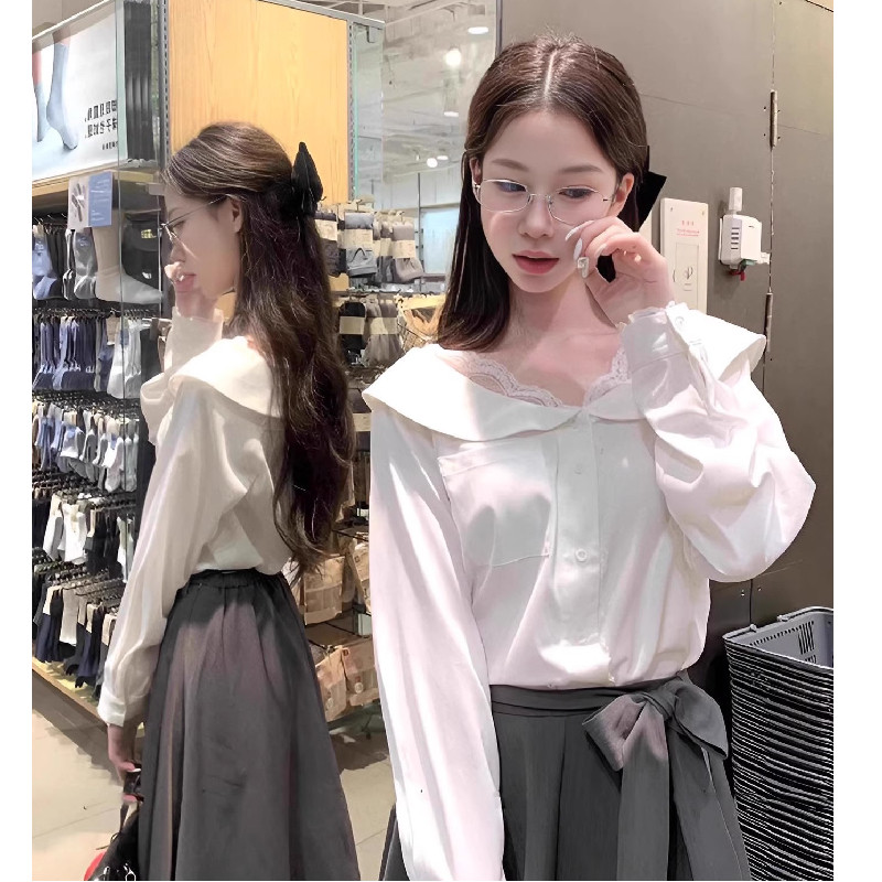 miu系学院风穿搭套装蕾丝拼接衬衫半身裙温柔气质两件套女2025秋