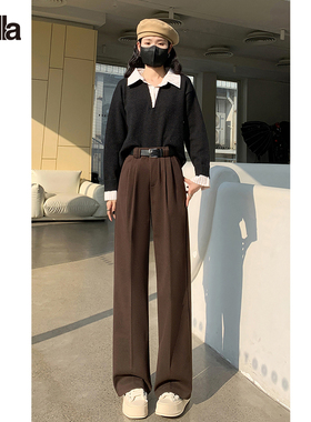 拉夏贝尔Puella加厚毛呢西装裤女春装高腰窄版垂感直筒休闲阔腿裤