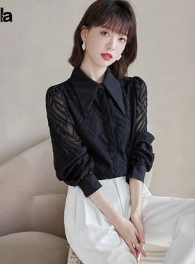 拉夏贝尔Puella韩版时尚气质灯笼袖衬衫女设计感小众尖领长袖上衣