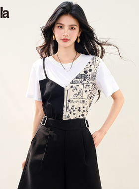 拉夏贝尔2025年夏季新款假两件吊带拼接设计感短袖T恤女