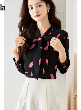 拉夏贝尔Puella高级感嘴唇印花衬衫新款茶歇法式雪纺碎花翻领上衣