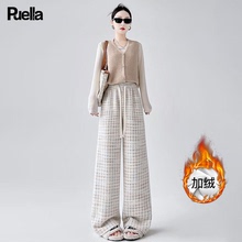 拉夏贝尔Puella格子阔腿奶奶裤女高腰直筒加绒休闲裤百搭条纹卫裤