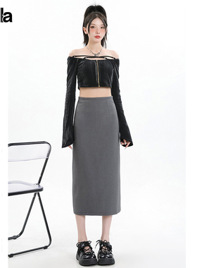 拉夏贝尔Puella高级垂坠感直筒包臀裙女时尚修身灰色西装半身裙子