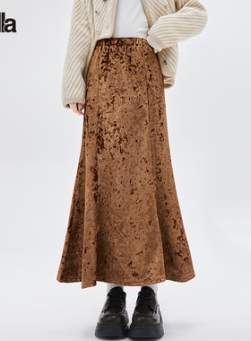 拉夏贝尔Puella设计感春装季复古高级感金丝绒鱼尾高腰显瘦半身裙