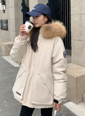 拉夏贝尔Puella连帽大毛领短款棉服派克服女春装韩系宽松棉衣外套