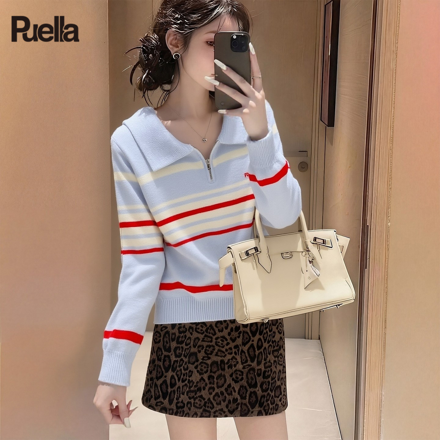 拉夏贝尔Puella2025年冬季韩版时尚POLO领条纹显瘦长袖针织毛衣女,女装/女士精品,羊绒衫,淘宝优惠券,粉丝福利购,淘宝优惠卷