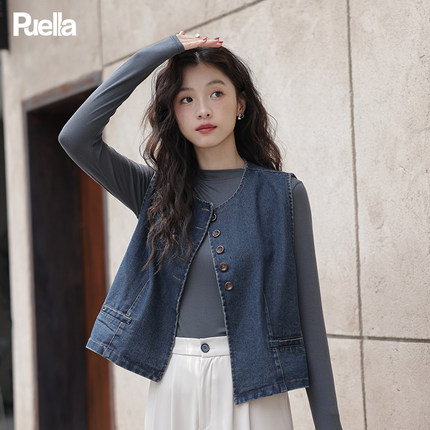 拉夏贝尔Puella2025年春装新款牛仔马甲洋气叠穿时尚背心外套女装