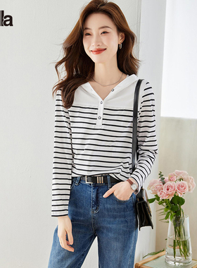 拉夏贝尔Puella长袖t恤女修身撞色休闲连帽卫衣黑白条纹上衣女士