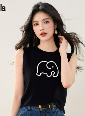 拉夏贝尔韩版小象刺绣吊带背心女装设计感无袖修身显瘦上衣