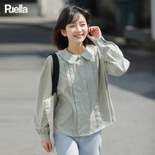 拉夏贝尔Puella韩系娃娃领纯色长袖衬衫女装雾霾蓝小清新盐系上衣