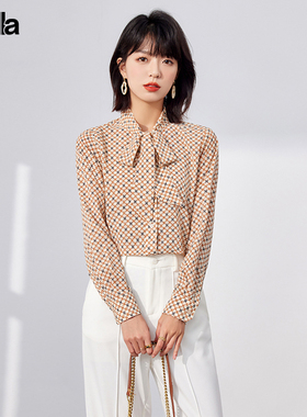 拉夏贝尔Puella长袖衬衫女飘带领雪纺衫上衣设计感小众2025年春装