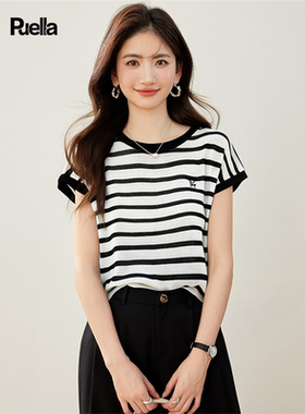 拉夏贝尔2025年夏季新款黑白条纹设计感宽松显瘦短袖T恤女
