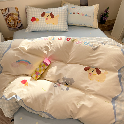 ins奶油蓝卡通小狗全棉纯棉四件套1.5m1.8少女心被套床单三件套2m