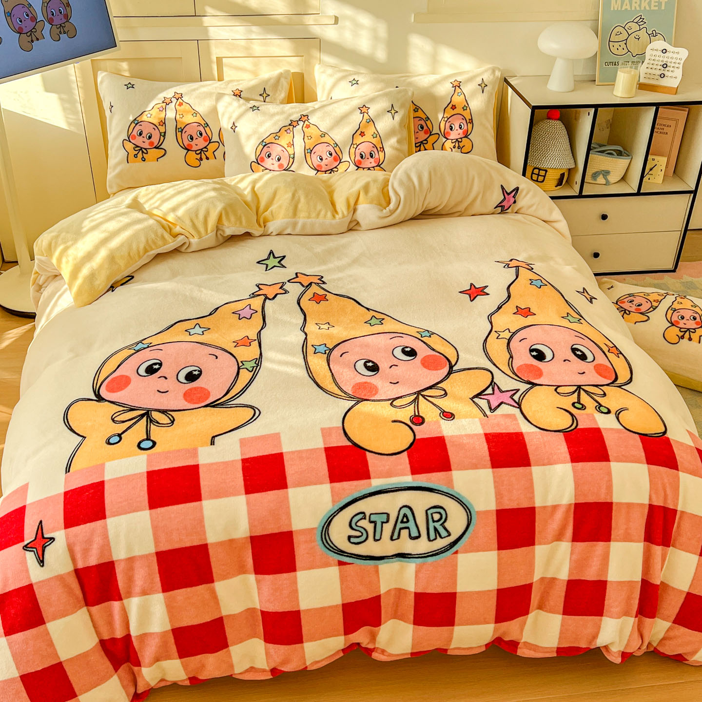 少女大版牛奶绒星星四件套珊瑚绒1.8m法兰绒加厚保暖2m被套三件套