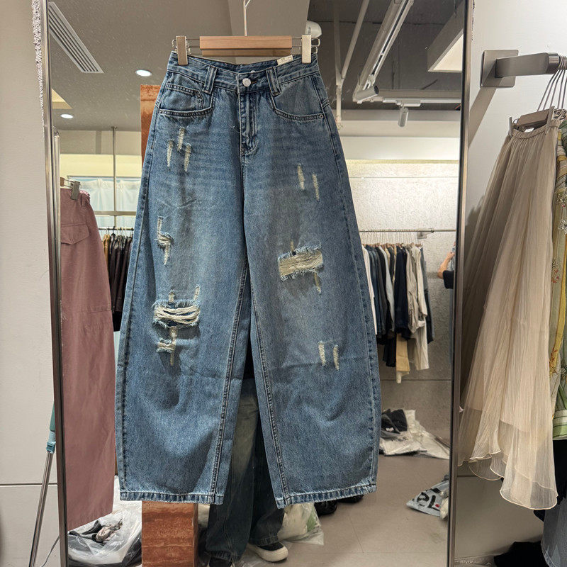 欧洲站2026早夏新款时尚高腰破洞宽松弯刀牛仔裤女款欧货
