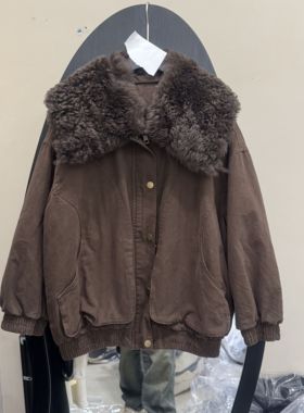 欧洲站2025冬新款毛领派克羽绒服女短款宽松棕色外套保暖66022