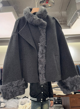 欧洲站2025冬季新款时尚翻领毛绒宽松百搭羊毛毛呢外套女款欧货