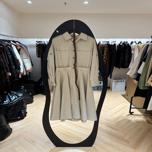 欧洲站2026春季新款时尚翻领配腰带口袋工装风连衣裙女款欧货1172