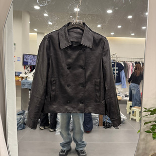 欧洲站2026春季新款时尚翻领绵羊皮双排扣短款外套女款欧货6938