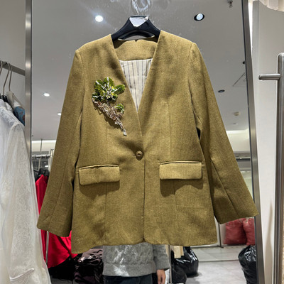 欧洲站2026春V领钉珠亮片西装女