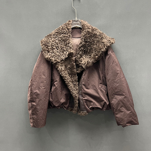 翻领长袖 时尚 拼接皮毛一体鹅绒外套女欧货2561 新款 欧洲站2025冬季