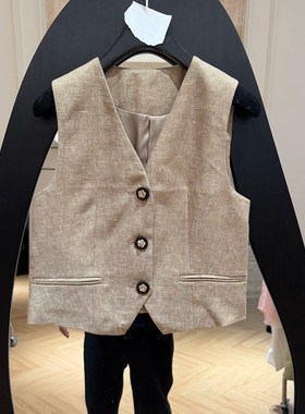 欧洲站2026春季新款时尚V领纯色简约风亚麻马甲女款欧货90029