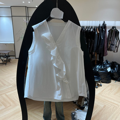 欧洲站春季V领荷叶边无袖马甲女