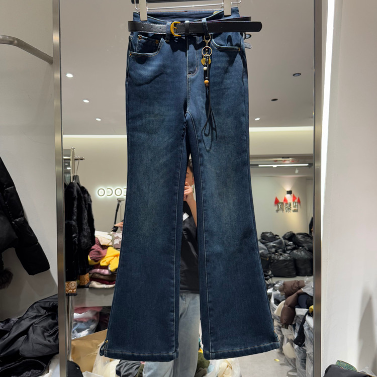 欧洲站高腰配腰带加绒微喇牛仔裤