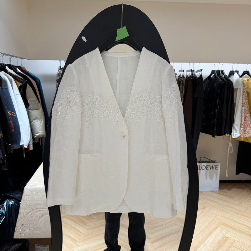 欧洲站2026春季新款时尚V领蕾丝拼接亚麻西装外套女款欧货6098