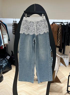 欧洲站2026春季新款松紧腰抽绳减龄蕾丝拼接牛仔裤女欧货06130