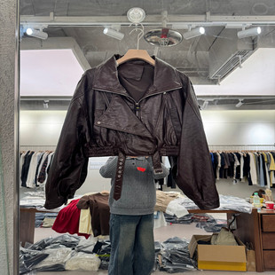 欧洲站2026春季新款时尚翻领纯色绵羊皮短款外套女款欧货9806