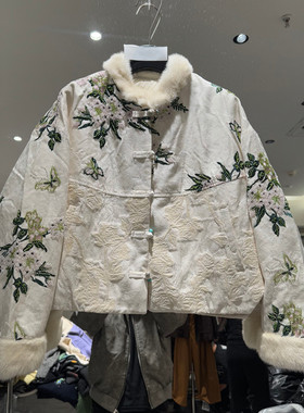 欧洲站2025冬季新款时尚圆领拼接袖口水豹鹅绒外套女款欧货81065