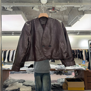 V领单扣油蜡羊皮宽松外套女款 时尚 欧货26001 新款 欧洲站2026春季