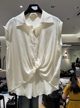 欧洲站2026夏季新款时尚翻领单排扣扭结收腰无袖衬衫女款欧货1828