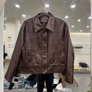 欧洲站2026春季新款时尚机车风翻领拉链绵羊皮短款外套女款欧货