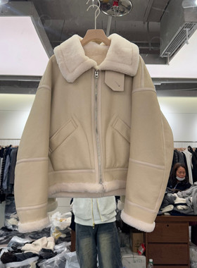 欧洲站2025冬季新款时尚翻毛领拉链纯色百搭羊皮皮草外套女款欧货