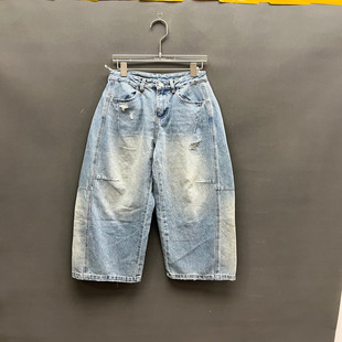 女款 欧洲站2026春季 高腰做旧水洗破洞弯刀牛仔裤 时尚 欧货6027 新款