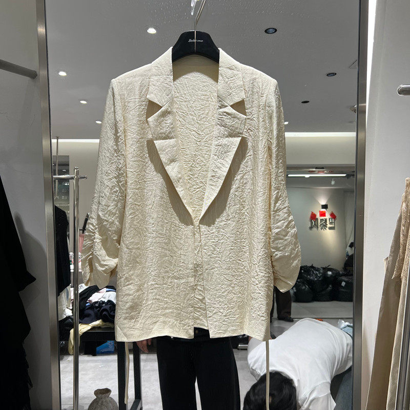 欧洲站2026春季新款时尚西装领七分袖系腰带风衣外套女款欧货