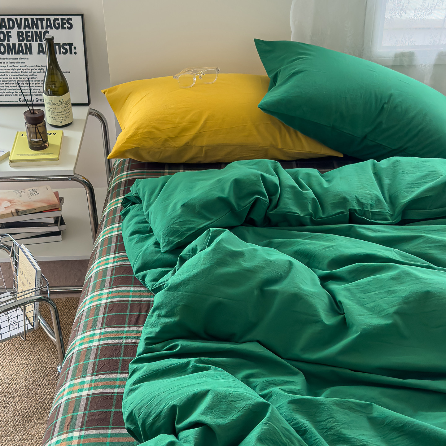 单人男士女生全棉色织水洗棉床单三件套纯棉极简风被套四件套床品