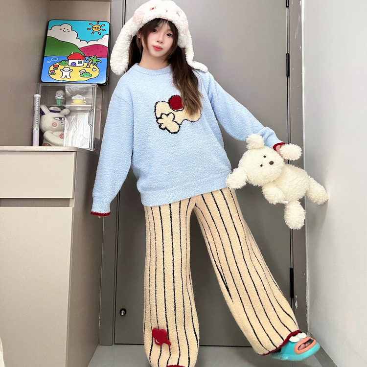 半边绒睡衣女2025秋冬季可爱卡通