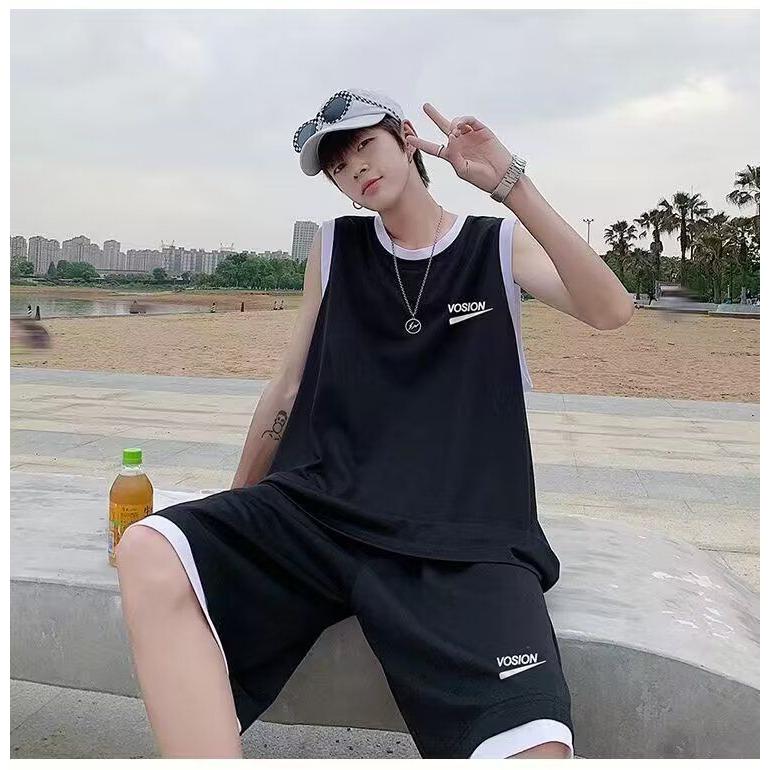 夏季篮球服运动套装男女韩版原宿休闲无袖背心学院风短裤两件套潮