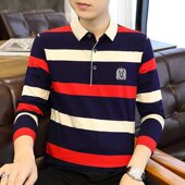 长袖 薄款 t恤春秋季 男士 新款 潮流高端带领打底polo衫 条纹秋装 上衣T