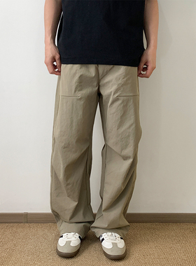 NSEEKE黑色弯刀工装休闲裤男士2026夏季潮流直筒宽松褶皱抽绳长裤