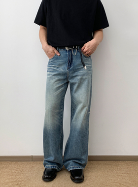NSEEKE水洗蓝色牛仔裤男款2021M宽松直筒阔腿长裤子美式猫须vibe